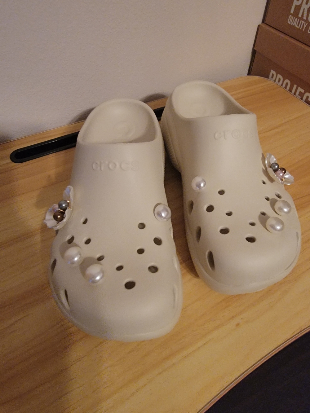 Crocs Classic Clog in Cream with Pearl Charms